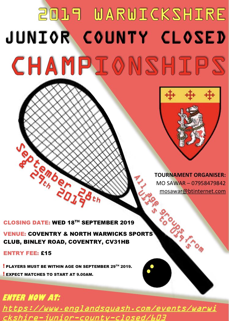 Calling all local junior squash players.....Enter Now! <a href="/WarksJnrSquash/">Warks Junior Squash</a>