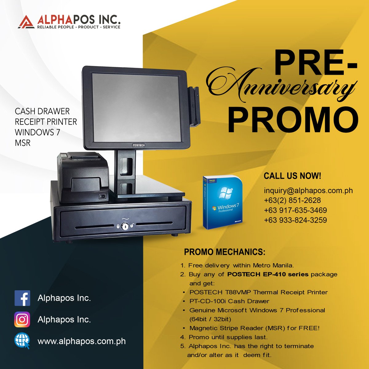 alphapos_inc's tweet photo. As our #5thYearAnniversary is coming. #AlphaposInc would like to extend its gratitude

Contact us now at

inquiry@alphapos.com.ph
+63(2) 851-2628
+63 917-635-3469
+63 933-824-3259

Want to be a re-seller?
Please contact Mr. Cris

+63 916-653-2261
cmnavarro@alphapos.com.ph

#PROMO https://t.co/2xFx8DtcYf