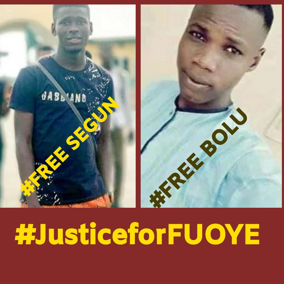 justiceforfuoye's tweet photo. @AcpIshaku @IamIshaSesay @segalink @SERAPNigeria @eobilo @Rena @AsiwajuTinubu @channelstv @NANSNIG 2 of our student have be arrested and detained unjustly for over 48hr @PoliceNG we want their release this is unconstitutional @UNHumanRights #freesegun #freebolu #JusticeForFUOYE https://t.co/ko6fibZoIv