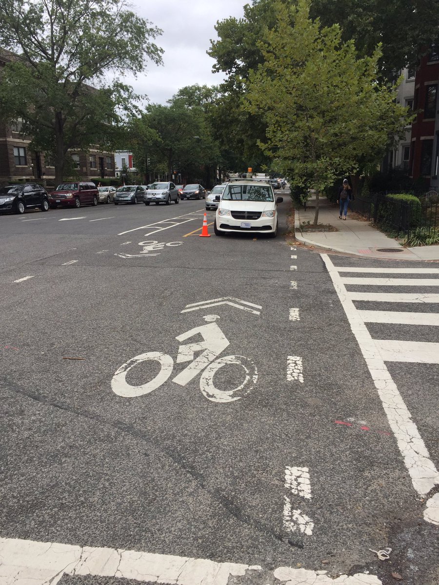 D_Mace88's tweet photo. This is a first for me. Blocking bike lanes is common, but parking in PROTECTED bike lanes? Do better @Verizon. Intersection of 15th and Caroline Streets NW. @dcspokes @ggwash @RandyDaleDowns @311DCgov #visionzero #dc #bikingproblems https://t.co/HqUUDm169C