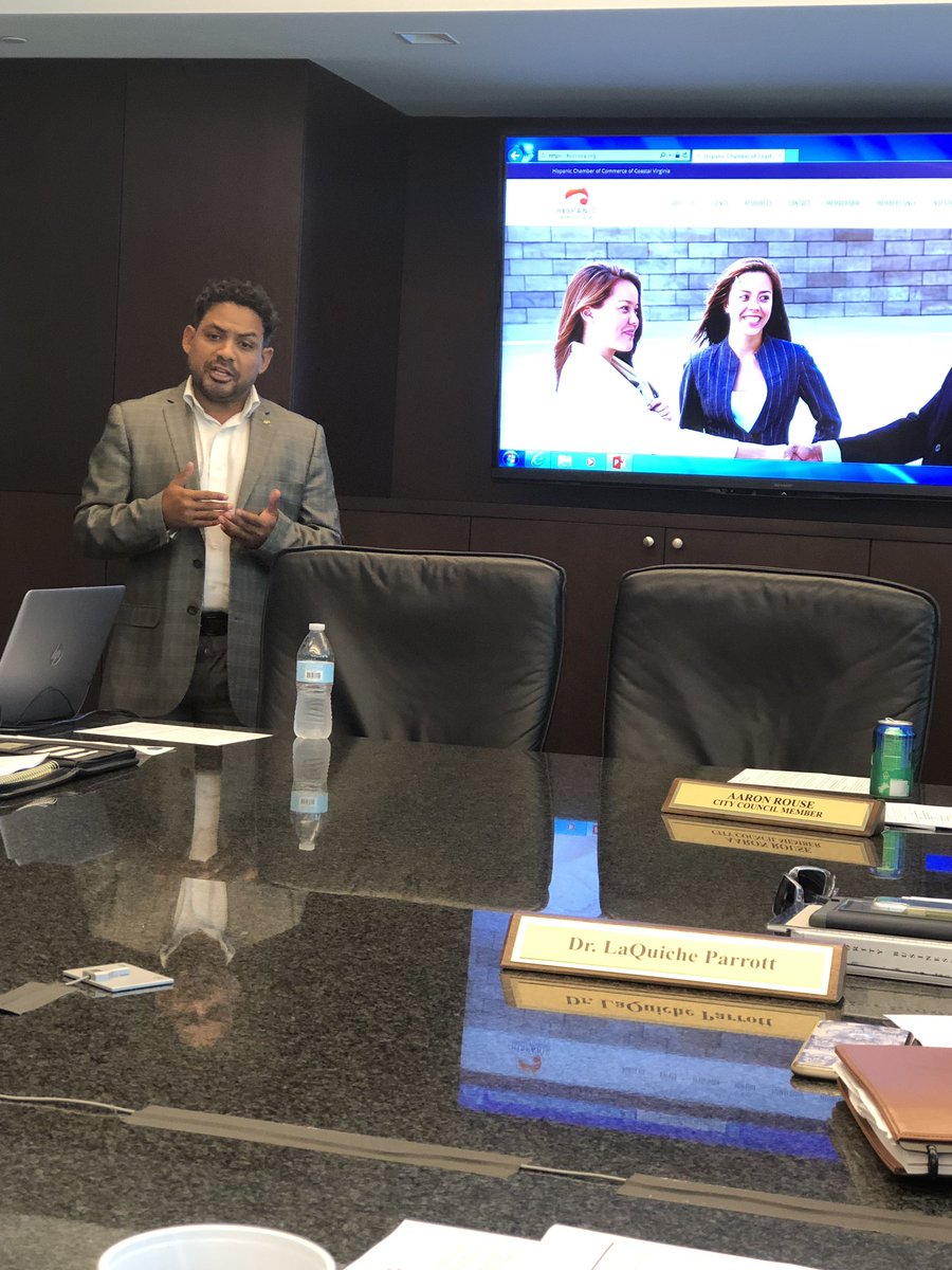 myVBMBC's tweet photo. The Sept meeting Industry Hour speaker, Julian Baena, Pres of the HCCCV is sharing information about the impact that the Hispanic community has in the business community of Virginia Beach. The 2019-20 cohort of SBI in attendance! Awesome meeting! https://t.co/vSCUvCMduq