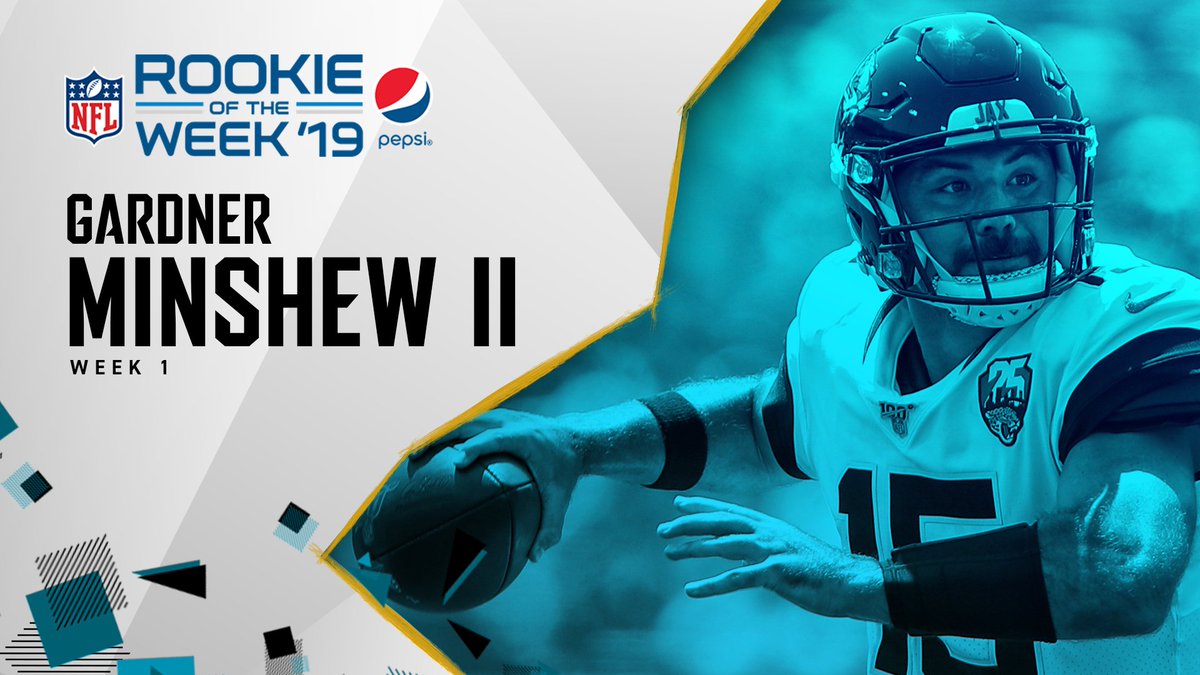 Jaguars's tweet photo. RT to congratulate @GardnerMinshew5 on being named the @Pepsi Rookie of the Week.

• Completed 22/25 passes for 275 yds &amp; 2 TDs
• Highest completion pct. (88.0%) in franchise history (25+ passes)
• 1st player in last 40 years to complete first 13 career passes https://t.co/zIfMGZgdH7