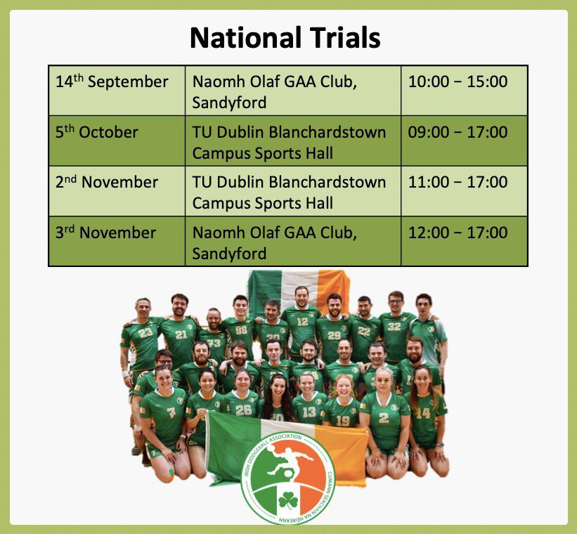 IrishDodgeball's tweet photo. Would you like to play for the Republic of Ireland dodgeball squad? Then take note of our upcoming trial dates! 😁🤾‍♀️🤾🏻‍♂️
#Dodgeball #IrishDodgeball #Trials #IrishSport #NationalSquad #ShowUsWhatYouCanDo https://t.co/ptxdvkL9PN