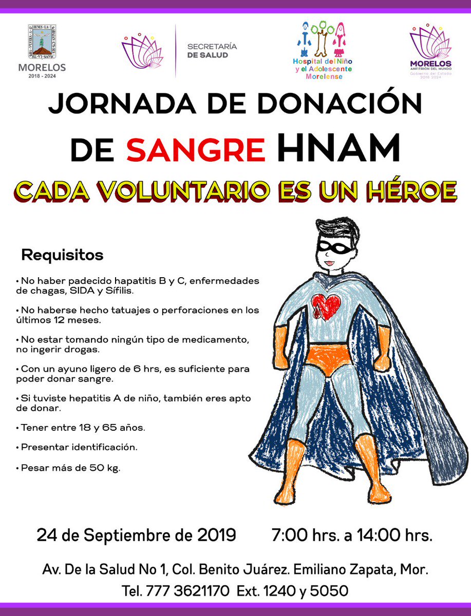 SSM_Morelos's tweet photo. ¡Súmate a la Jornada de Donación de Sangre! Te esperamos este 24 de septiembre en el #HNAM.
Informes: 777 362 11 70 Ext. 1240 / Ext. 5050
#CadaVoluntarioEsUnHéroe
#DonaSangre https://t.co/YcWxIb5yjV