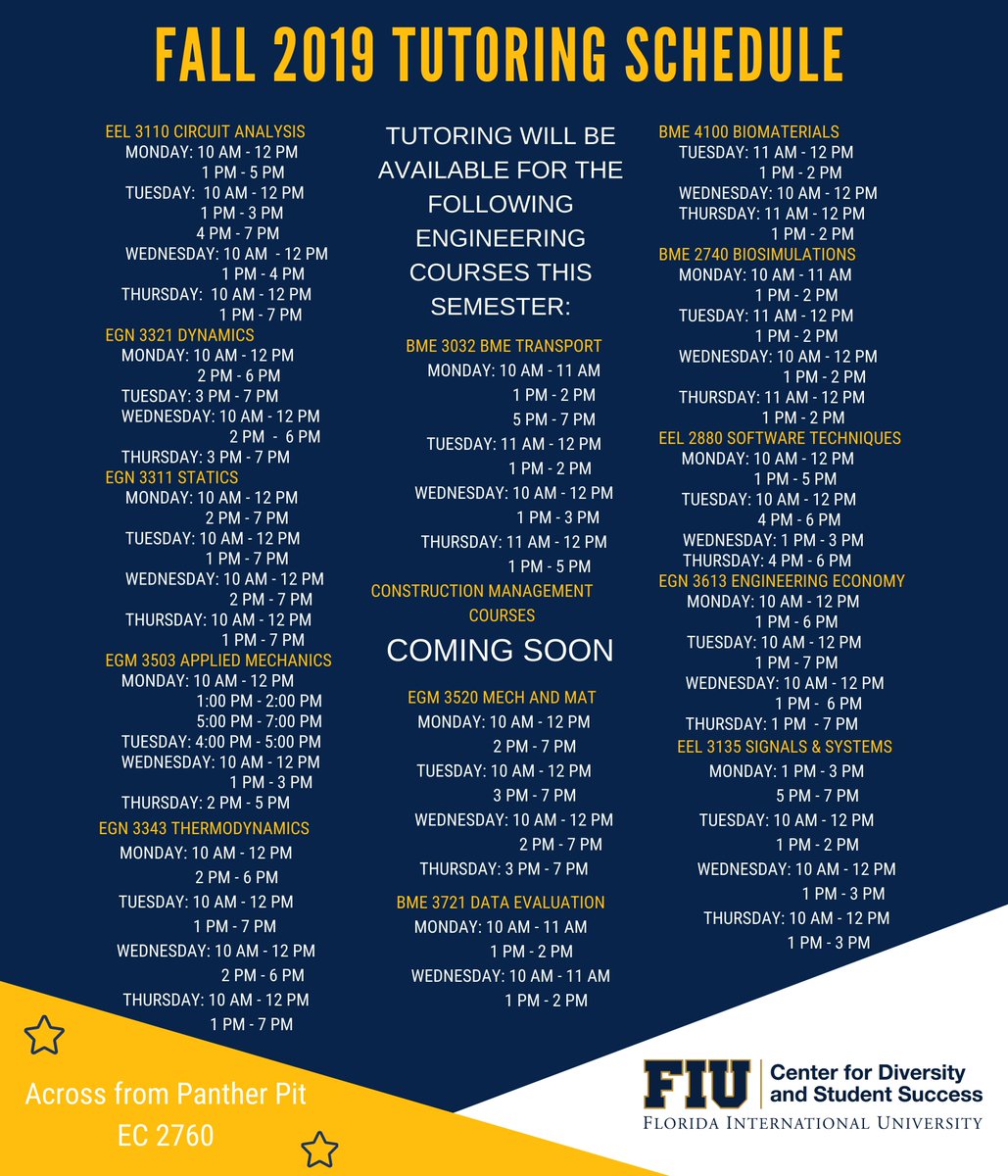 fiuECE's tweet photo. Attention current engineering students! Tutoring for select courses starts this Monday, September 16th. If you need help, the Center for Diversity and Student Success is here for you. Plus, it's free for all students! https://t.co/UnkoJXI9YT
