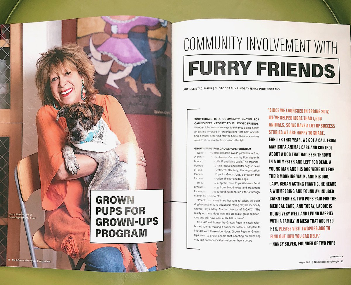 MarketingworxPR's tweet photo. ICYMI: Thank you #NorthScottsdaleLifestyle Magazine for featuring #GrownPups for Grown Ups. Check out page 22 of the #August issue to learn more about #TwoPupsWellnessFund. #ScottsdaleAZ #Charity #Local #PRLife https://t.co/ZLSMaZGFv1