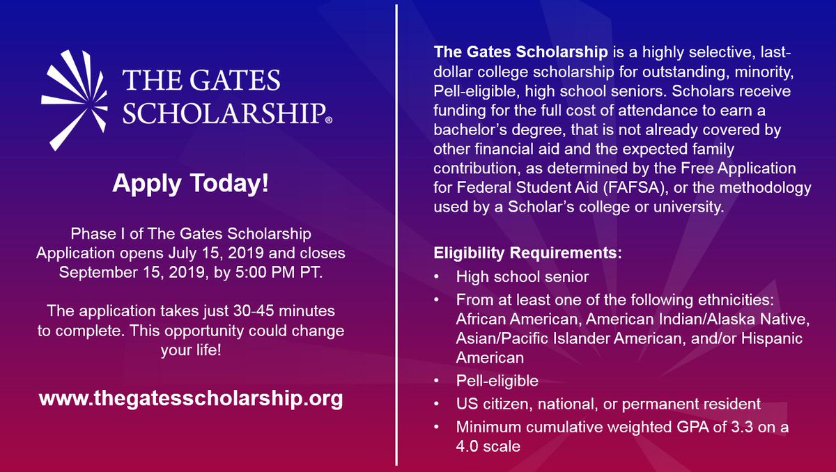 Phase I of The Gates Scholarship application is due this Sunday, 9/15, 5PM PT. Don’t miss this opportunity!

Apply today at thegatesscholarship.org/scholarship