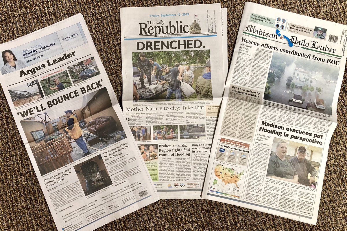 SD_NewsMedia's tweet photo. South Dakota newspapers persevere through tornadoes, flooding and all sorts of adversity to cover and deliver the news. Great work by all journalists in South Dakota this week. #sdfrontpages https://t.co/3DYODVXPV3