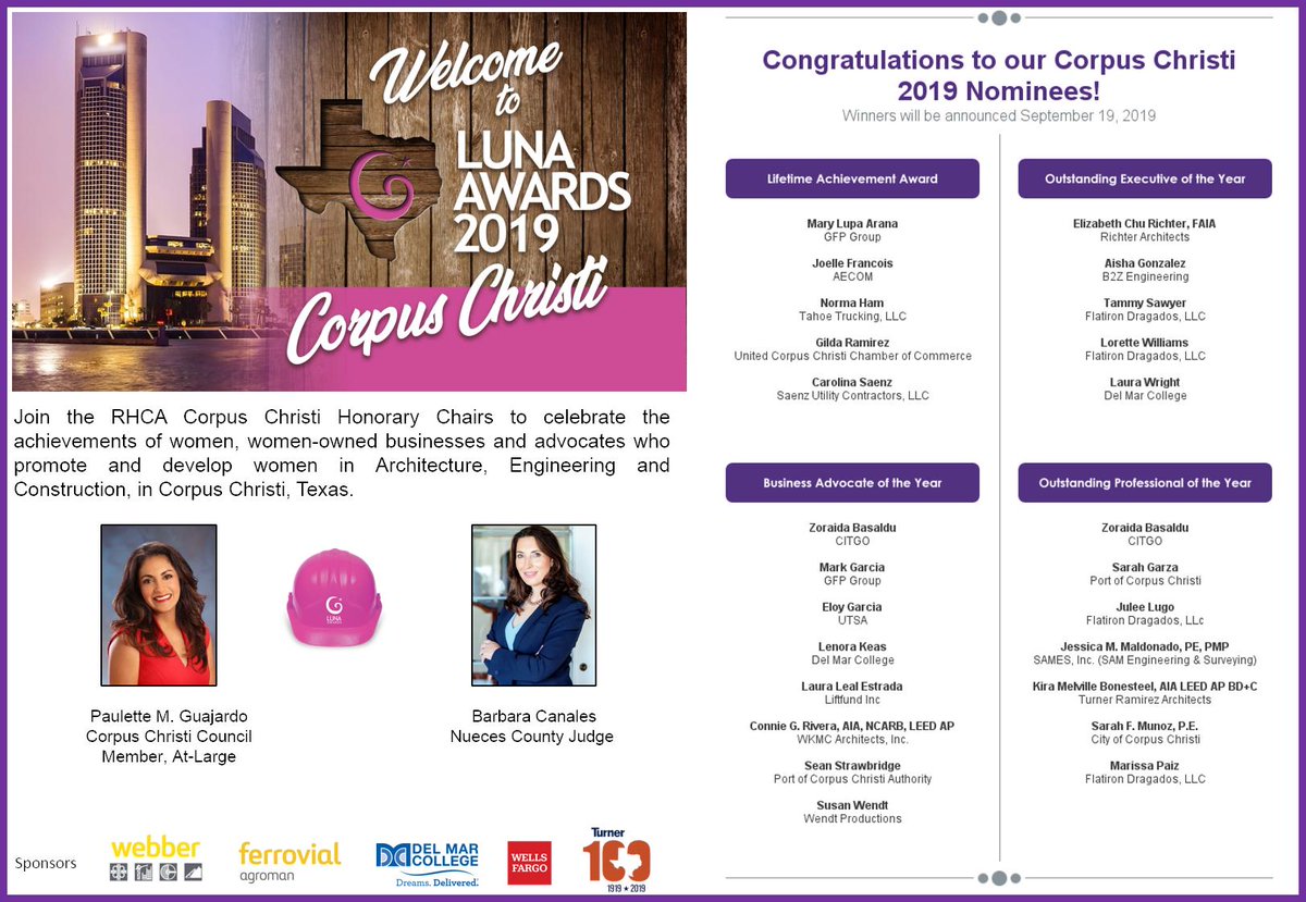 DFWRHCA's tweet photo. Celebrating the achievements of women, women-owned businesses and advocates who promote and develop women in Architecture, Engineering and Construction, in Corpus Christi, Texas. #LunaAwards #LunaCorpusChristi #PinkHardHat @DFWRHCA
https://t.co/voVorruePH https://t.co/vUgRDEZz4C