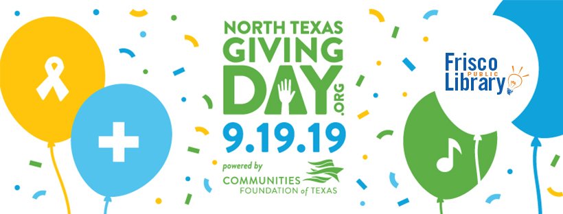 friscolibrary's tweet photo. #NTxGivingDay is 9/19 but you can schedule donations now! Contribute to the Friends of the Frisco Public Library and help fund learning areas of the Frisco Public Library, Career Online High School Scholarships & more! DONATE: https://t.co/9IZIYrIU9t
#Frisco #FriendsofFPL https://t.co/vNLQaLjyO2