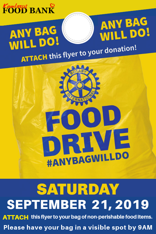 kamfoodbank's tweet photo. The 23rd bi-annual #Kamloops #RotaryFoodDrive in support of @kamfoodbank is Sat, Sept. 21! Help set a record with the new bag-tag system! Watch for the #anybagwilldo flyer in your mailbox or print your own, attach it to your #donation in ANY bag or box & leave out for pickup! https://t.co/QIQAhcY0eC