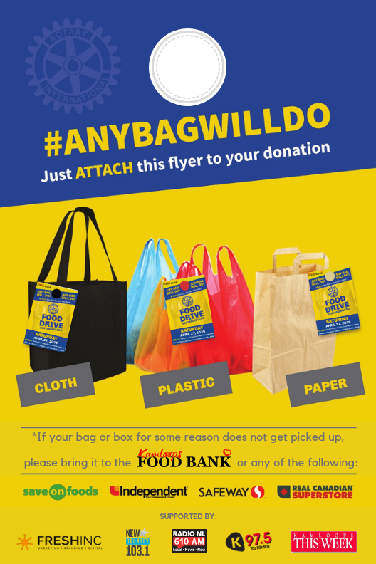kamfoodbank's tweet photo. The 23rd bi-annual #Kamloops #RotaryFoodDrive in support of @kamfoodbank is Sat, Sept. 21! Help set a record with the new bag-tag system! Watch for the #anybagwilldo flyer in your mailbox or print your own, attach it to your #donation in ANY bag or box & leave out for pickup! https://t.co/QIQAhcY0eC