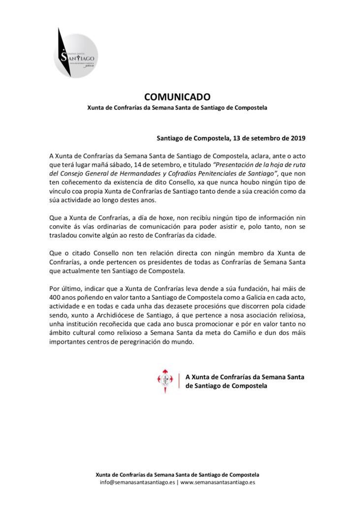 ⚫️ Comunicado oficial da Xunta de Confrarías da Semana Santa de Santiago de Compostela