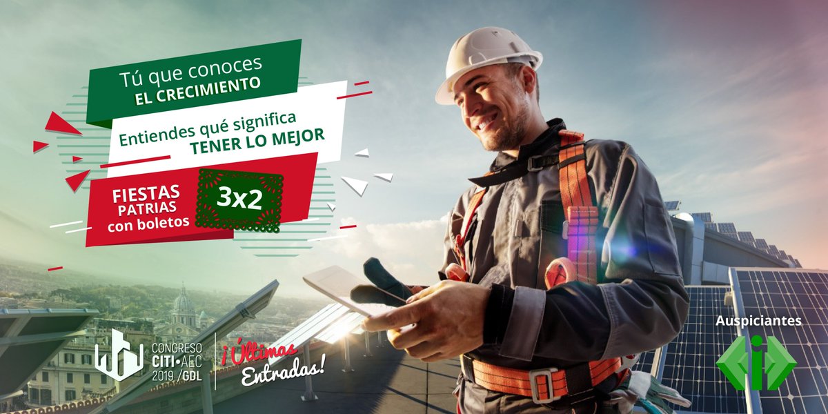 ESTIMADOS AMIGOS!

Celebremos juntos nuestras fiestas patrias, así como el crecimiento profesional y tecnológico en la Industria AEC. CITI AEC trae para ti una sensacional promoción: pagas dos boletos y te llevas tres, ¡No te lo pierdas, últimos boletos!