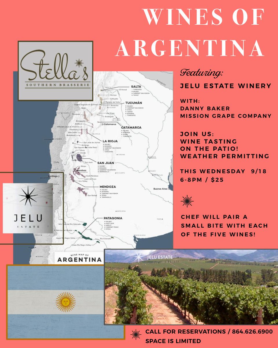 StellasSouthern's tweet photo. Argentina Wine Tasting Wednesday! Euphoria &amp; Happy Hour!  🌟 - https://t.co/MhVM57dXnc https://t.co/w2UaYQgLxC