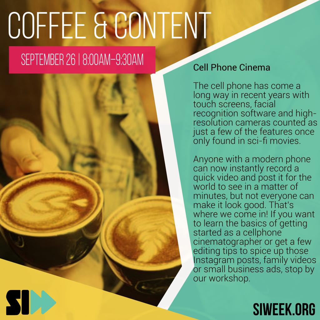 #FeatureFriday  If you want to learn the basics of getting started as a cellphone cinematographer or get a few editing tips to spice up those Instagram posts, family videos or small business ads, stop by our workshop. 
#content #coffee #videoproduction #marketing #siweek