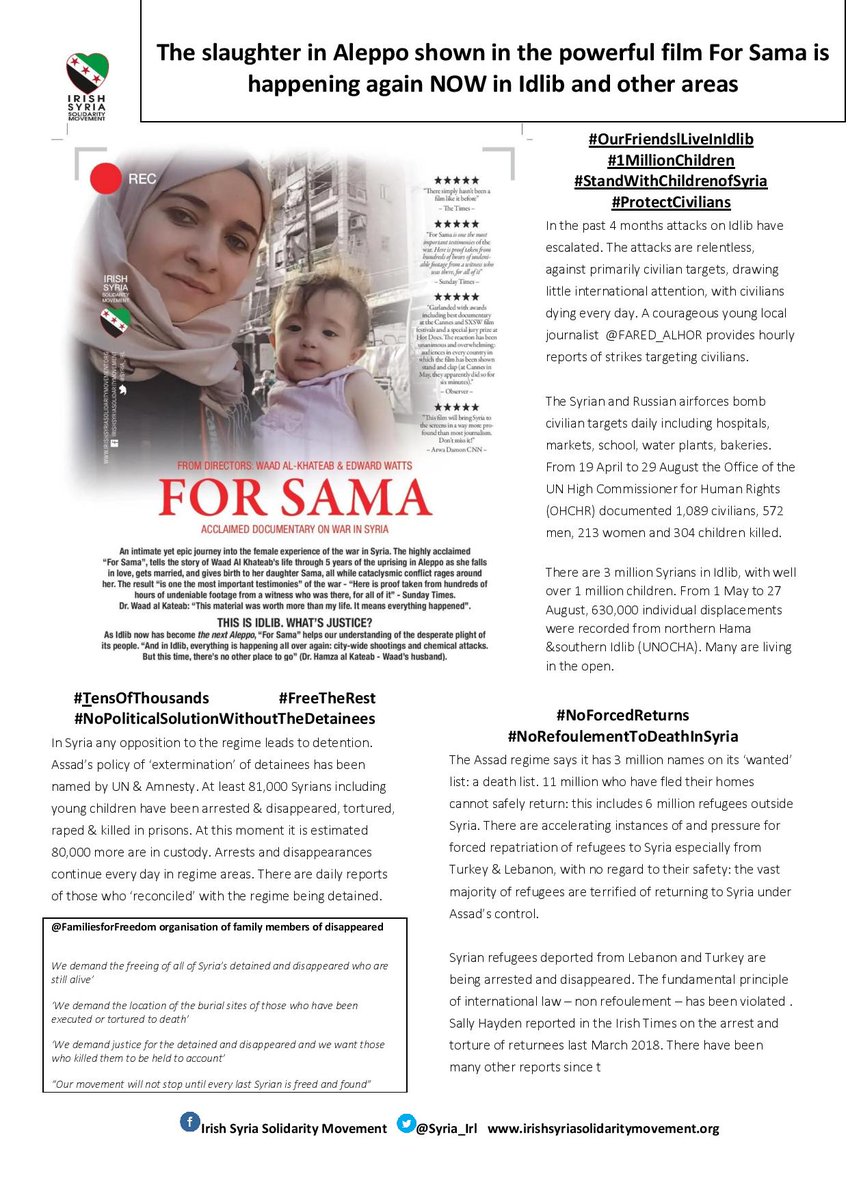 Syria_Irl's tweet photo. @jonsnowC4 DO NOT MISS FOR SAMA
@forsamafilm
At @IFI_Dub from today
Screening tomorrow Sat 14th 3.15pm followed by panel discussion in association with Irish Syria Solidarity Movement
#AleppoIsInOurHearts💚
#ProtectCivilians
#BringingAssadToJustice
#STOPIdlibApocalypse https://t.co/jRrOtKvQfI