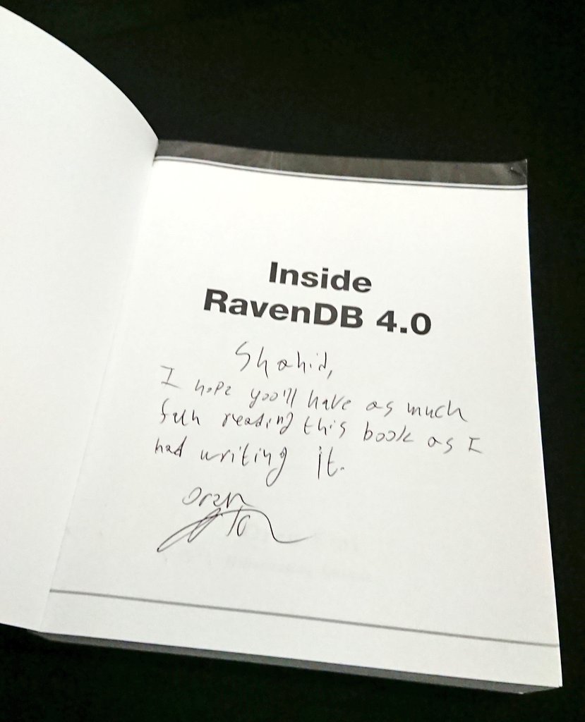 ShahidDev's tweet photo. Awesome way to finish #prognet with a wonderfully entertaining and eye opening talk by @ayende
Thanks for the signed copy of your book! https://t.co/iscy6KckAr