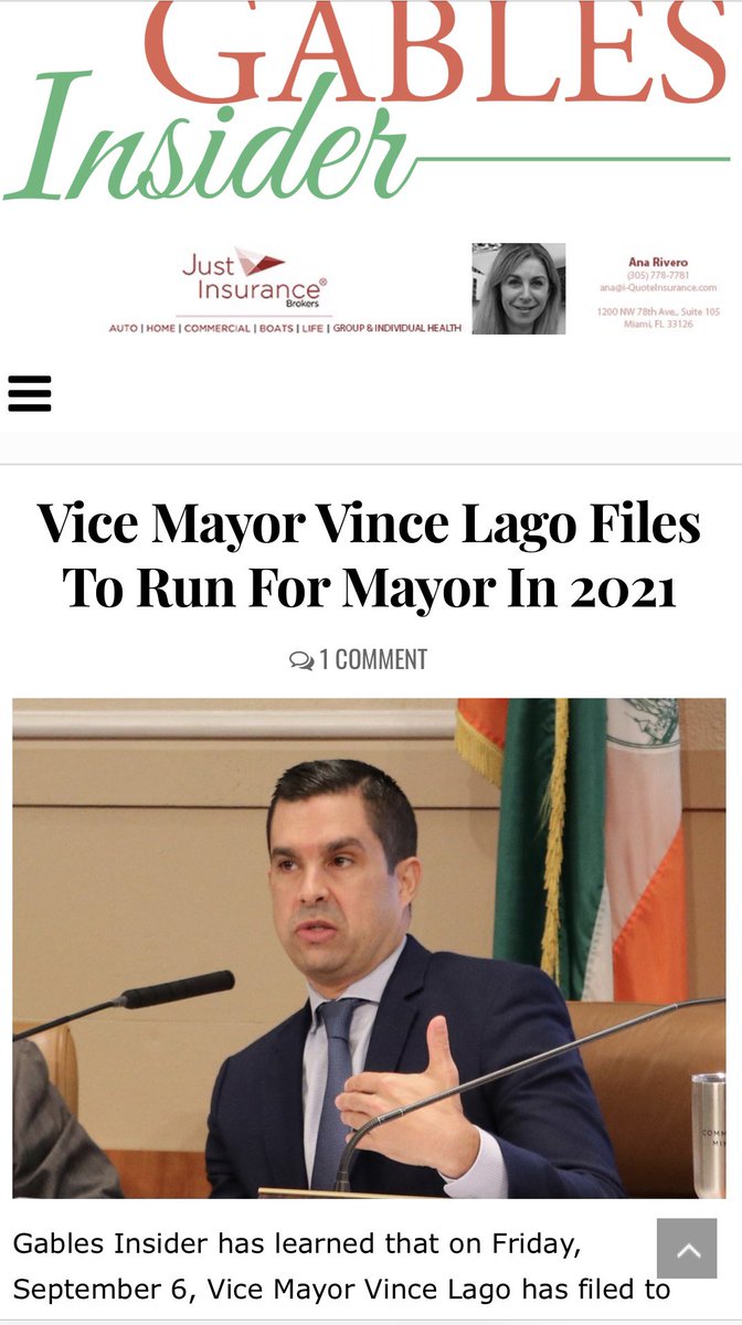 My Friends, 
It is with great enthusiasm to announce that I have officially filed to run for Mayor of Coral Gables for the 2021 election. I am proud to have served the past 6 years and l look forward, with your support to continuing to serve as your Mayor. gablesinsider.com/vince-lago-fil…