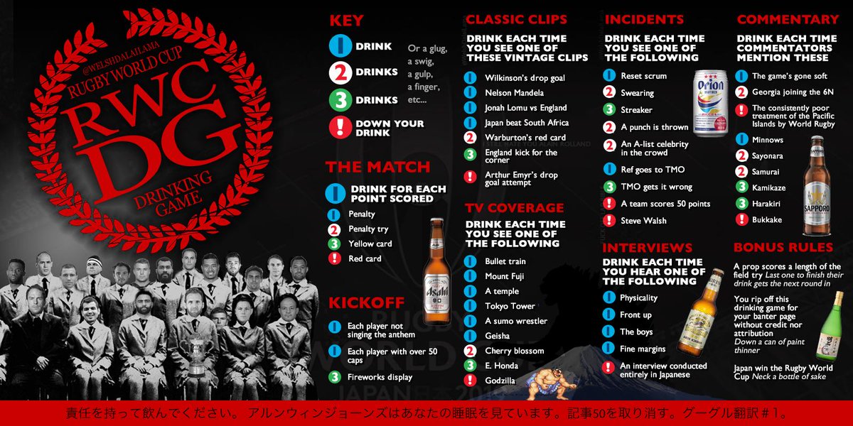 WelshDalaiLama's tweet image. #RugbyWorldCupDrinkingGame is here.
Spread the word. Kanpai!
🍻🏉🇯🇵🏯🗻 #RWC2019