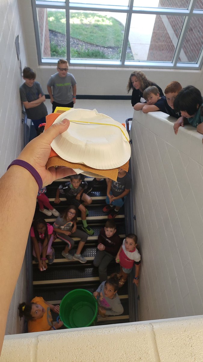 MrsEickman11's tweet photo. 5th graders testing their egg drop designs. Can you create a device to protect your bead-filled egg from impact during a collision? https://t.co/DscbjljJgG