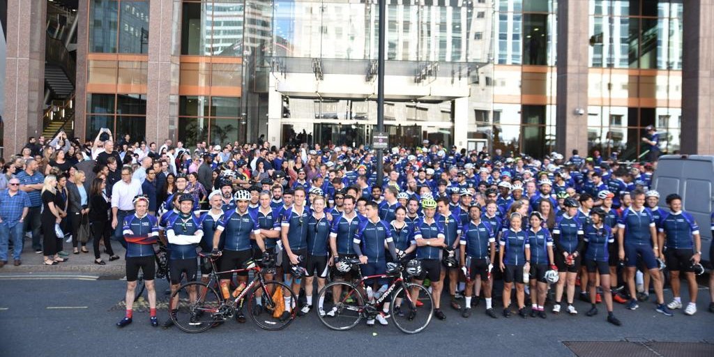 MorganStanley's tweet photo. And they're off! Morgan Stanley riders are on their way to cycle from #LondontoParis in 24 hours! @TeenageCancer @SAMHtweets @LENVOLAsso #MSGivesBack https://t.co/0LiYCHQqfM