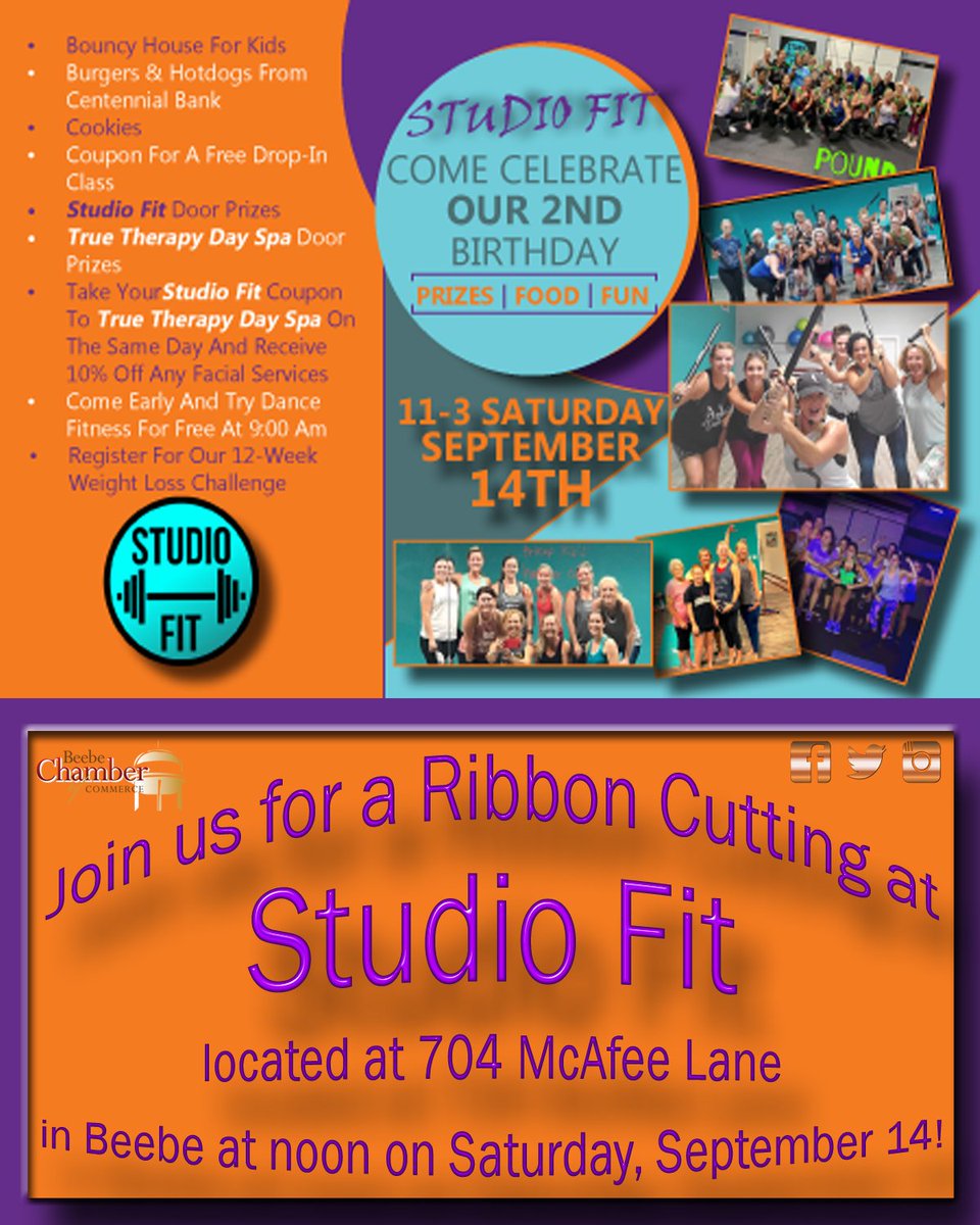 beebechamber's tweet photo. You're invited to a ribbon cutting at Studio FIT tomorrow at noon! We hope to see you there!
#BeebeChamber #Beebe #Arkansas #MemberPerks #RibbonCutting #StudioFit https://t.co/bFlJQTE3dP