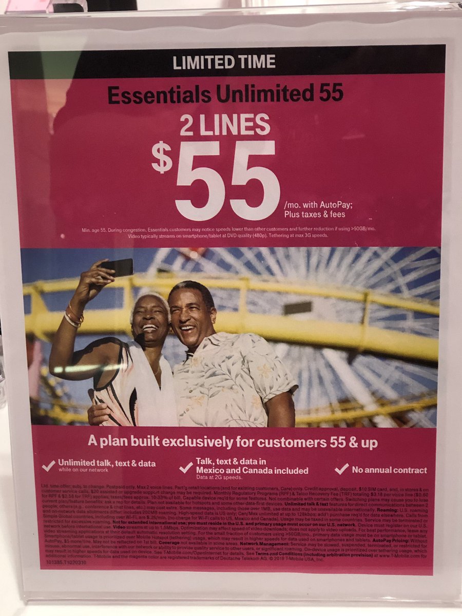 That’s right!  If you are 55  or older you can get 2 lines - all un-limited - for just $55 per mo.  Come see me and my awesome Mobile Experts at Summit Mall in Fairlawn. Hurry - offer ends soon!