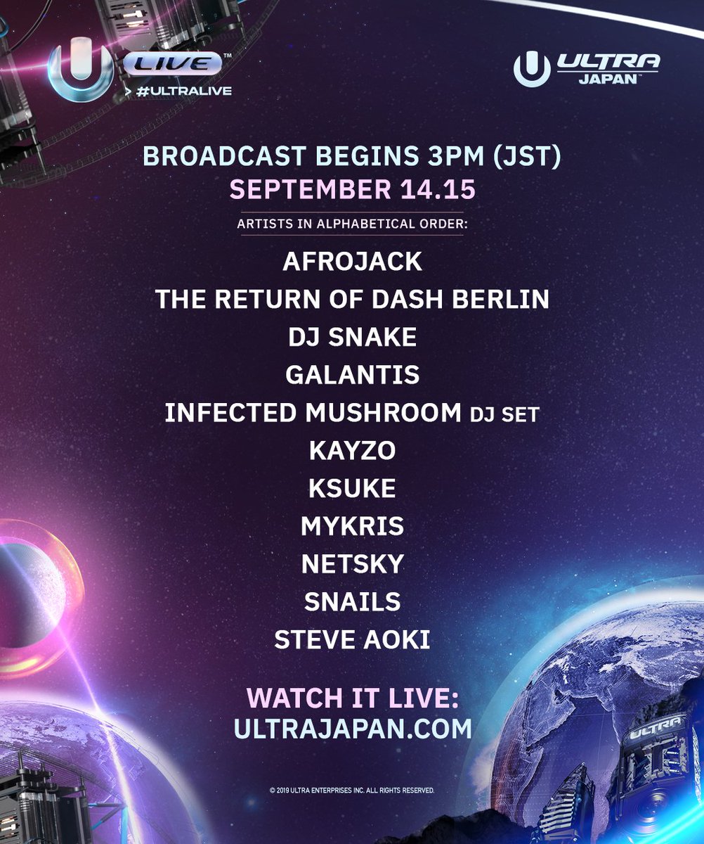 Don’t miss a minute of the action during #ULTRALIVE’s broadcast from the 6th edition of <a href="/UltraJapan/">Ultra Japan</a>!

View the full lineup of artists streaming in Tokyo this weekend and tune in beginning tomorrow at UltraJapan.com