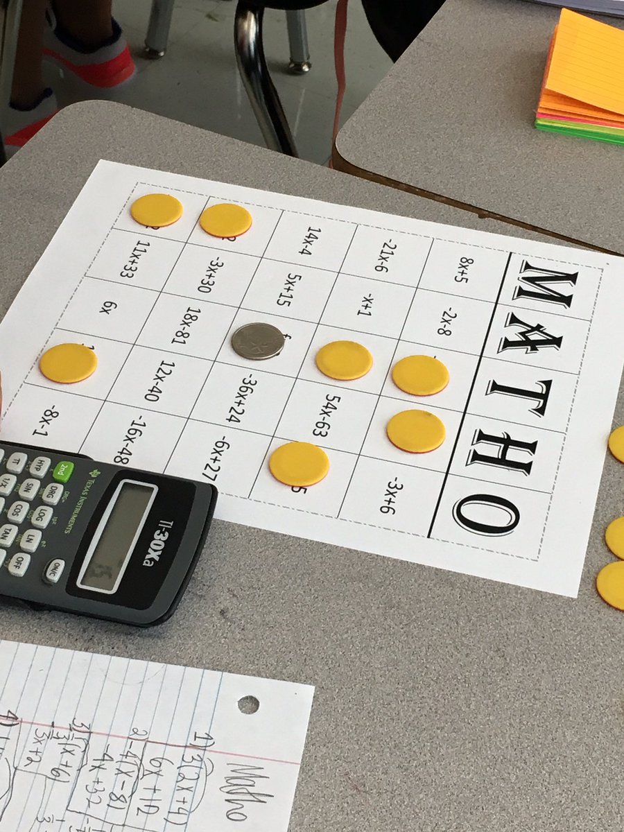 Ms_Kanouff's tweet photo. Playing “MATHO” to practice the distributive property... turns out the free space isn’t actually free! #iteachmath @MpMiddle https://t.co/Qdx4Nd7A09