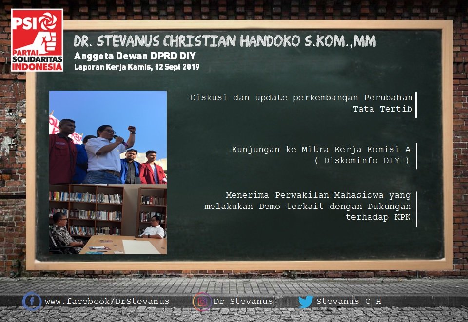 Stevanus_C_H's tweet photo. Agenda Harian Dewan PSI.
Kamis, 12 Sept 2019.

#AkuPSI
#Jogja #JogjaIstimewa
#Yogyakarta #DIY
#DPRD_DIY https://t.co/YcQRQGx3Cq