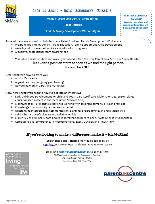We're hiring a SAFE Home Study Practitioner for our Foster Recruitment Program and a Relief Employee for our Oyen Parent Link Centre! Interested? Check out the postings below and submit your resume cover letter to Jennifer ASAP! 👍😃