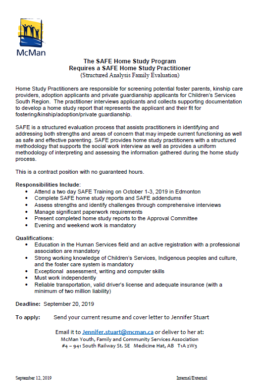 mcman_medhat's tweet photo. We're hiring a SAFE Home Study Practitioner for our Foster Recruitment Program and a Relief Employee for our Oyen Parent Link Centre! Interested? Check out the postings below and submit your resume cover letter to Jennifer ASAP! 👍😃 https://t.co/mIjBllSkOr