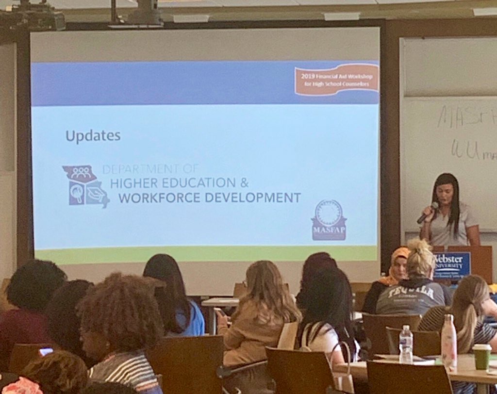 MODHEWD's tweet photo. #DHEWD team member Ashley Heidbreder shares department and @Journey2College updates during the first High School Counselor Workshop of the season. @MOSLFoundation #MASFAP https://t.co/ho1JEdB9Ht