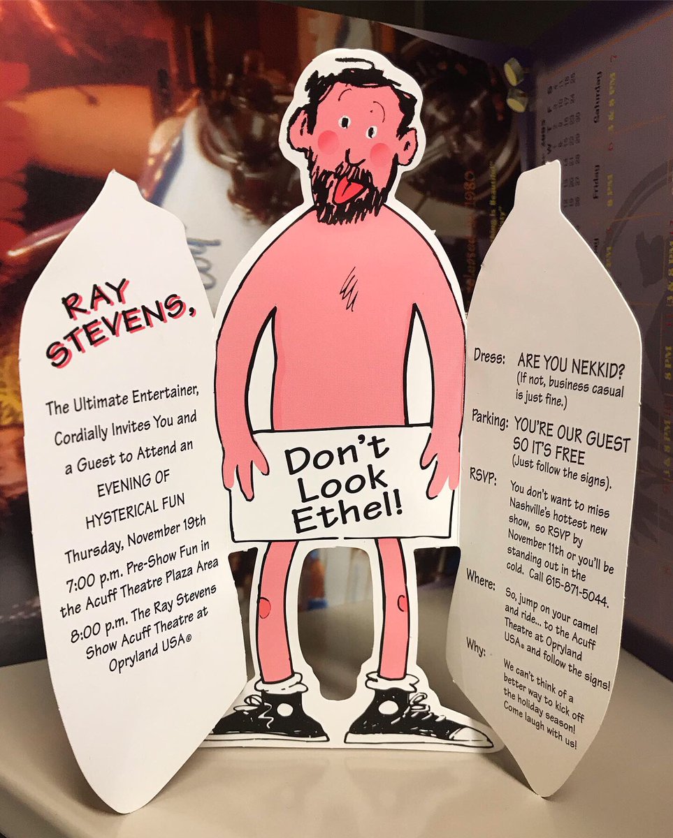 RayStevensMusic's tweet photo. #FlashbackFriday “Don’t look Ethel!” Haha, check out this custom made invitation card to attend an “EVENING OF HYSTERICAL FUN” with Ray Stevens at the Roy Acuff Theatre!
#raystevens #thestreak #dontlookethel #areyanekkid #flashback #flashbackfri #streaker #royacufftheatre https://t.co/d696V6Y7V6
