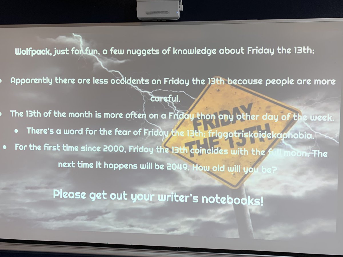 tiffwalters's tweet photo. Having some freakishly Friday the 13th fun w/@WCHSWolves as they create some superstitious stories. Even funnier when they realize the next full moon 🌕 & #FridayThe13th combo will be when they’re 45! They can’t even fathom it. Hilarious! #WCConnects #WhyITeach #WolvesWrite 🐺✏️ https://t.co/M4plDj5ILr