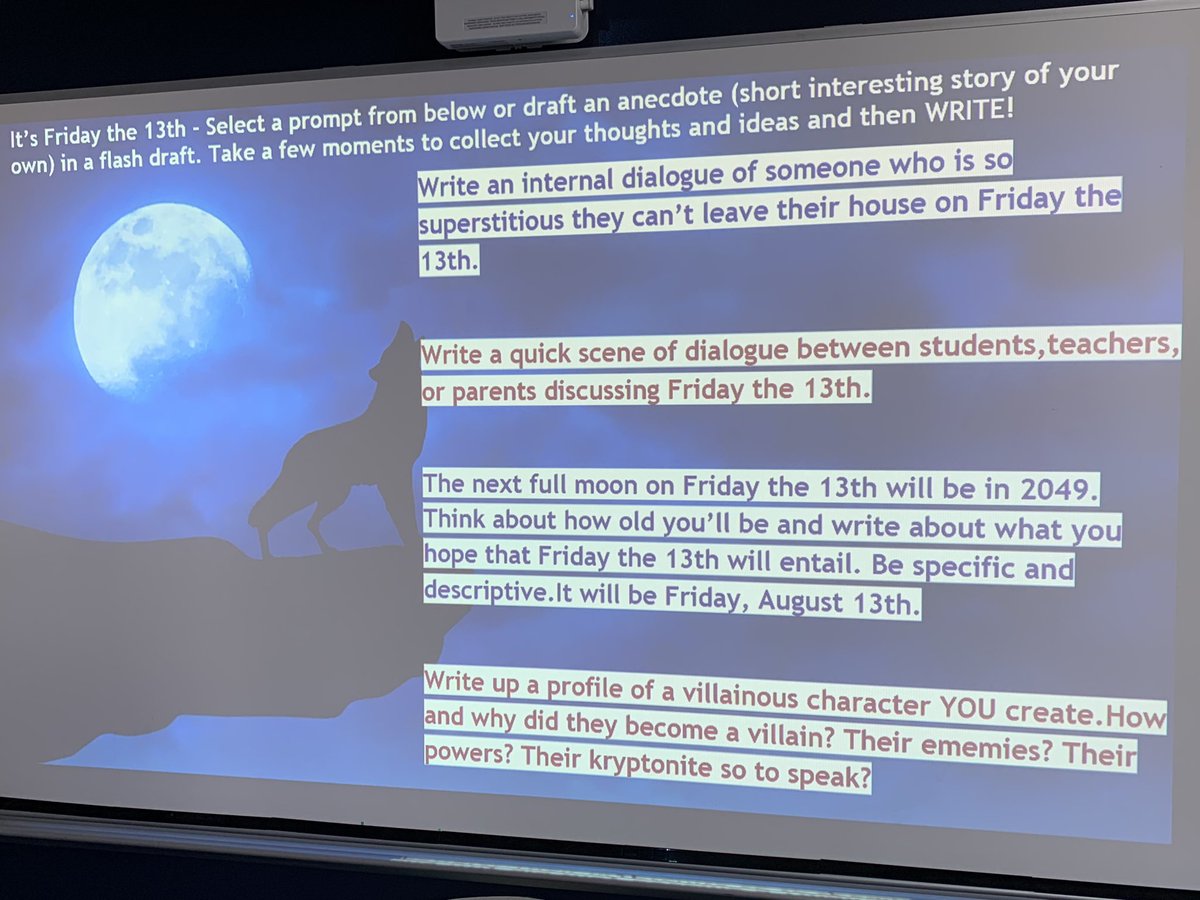 tiffwalters's tweet photo. Having some freakishly Friday the 13th fun w/@WCHSWolves as they create some superstitious stories. Even funnier when they realize the next full moon 🌕 & #FridayThe13th combo will be when they’re 45! They can’t even fathom it. Hilarious! #WCConnects #WhyITeach #WolvesWrite 🐺✏️ https://t.co/M4plDj5ILr