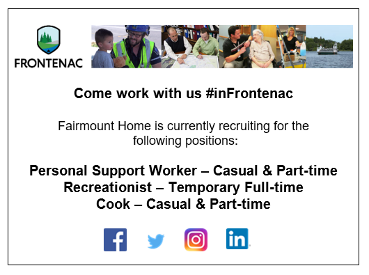 FrontenacCounty's tweet photo. Come join our team at #FairmountHome.
We are hiring
* Personal Support Worker β Casual and Part-time
* Recreationist β Temporary Full-time
* Cook β Casual and Part-time
Details and how to apply π https://t.co/0XO2HpZkDe https://t.co/rIsxVoPH7c