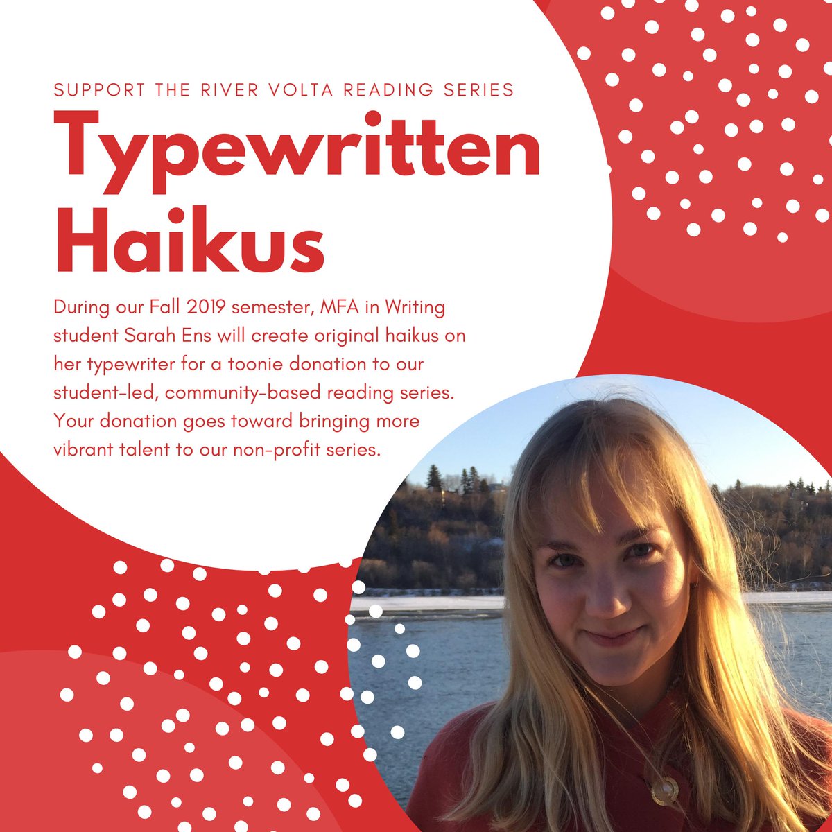 River_Volta's tweet photo. Consider supporting the #RiverVolta Reading Series at #USask by donating a toonie for a typewritten haiku during our fall events! The MFA in Writing’s Sarah Ens will create original haikus during intermission. https://t.co/BMFHRJ7vJ9