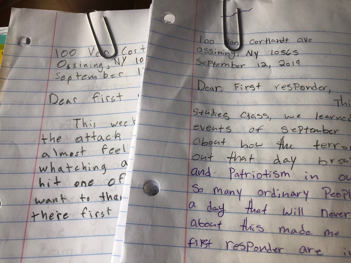 MsDaddazioAMD's tweet photo. After learning about 9/11 this week, we wrote letters to our local first responders, thanking them for all that they do. Hey @OssiningPDChief, think you can help us get these where they need to go?! ♥️🚔🚒🚑♥️ https://t.co/T8d87Ci9oM