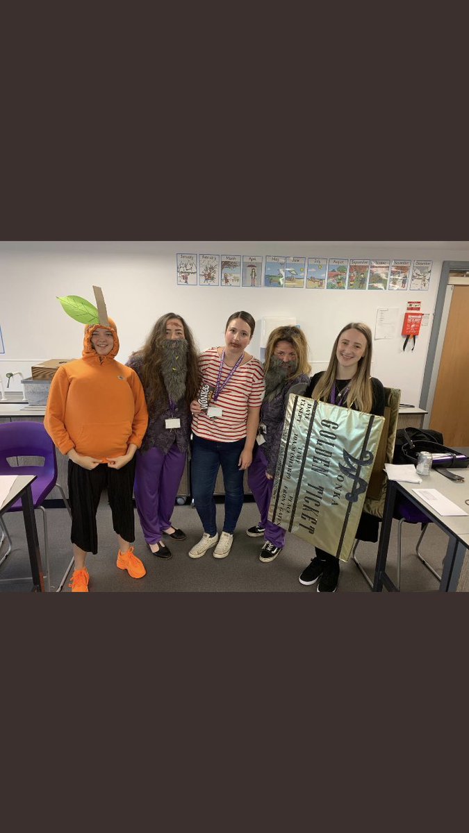 RumworthITT's tweet photo. Who wouldn’t want to come and train to teach at Rumworth!? We dress up and have sooo much fun! It’s crazy to think 4 out of 5 of these people began their ITT journey here at Rumworth! Now look at us 😂😂#RoaldDahlDay2019 https://t.co/U0jw7IRXY2