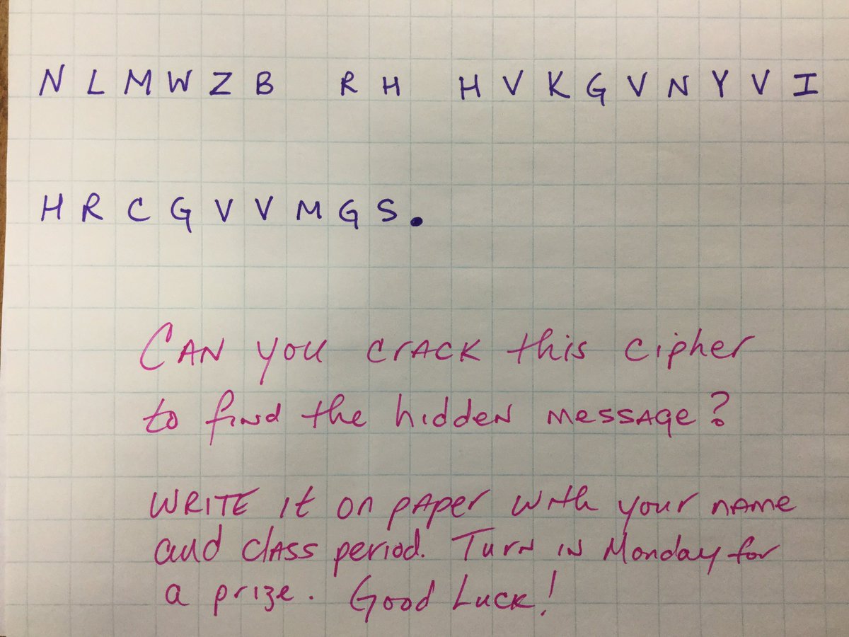 MrKevinSlater's tweet photo. Looking forward to seeing how many students uncover the message in this cipher ... we’ll see on Monday @nisdmsmath @NISDStevenson #mathematicalthinking #processstandards https://t.co/HJf8Ba94qB