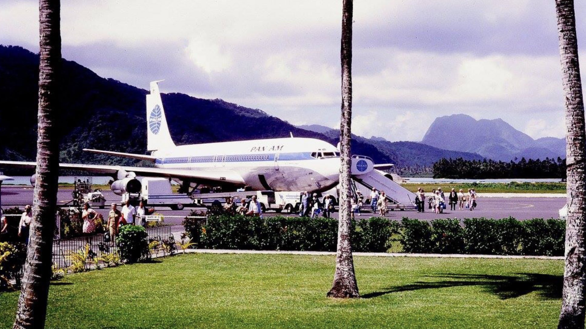 Pan Am flew 707s here, but commercial traffic began with propeller planes in 1959.  Earlier still, before the airport, Pan Am had flying boa