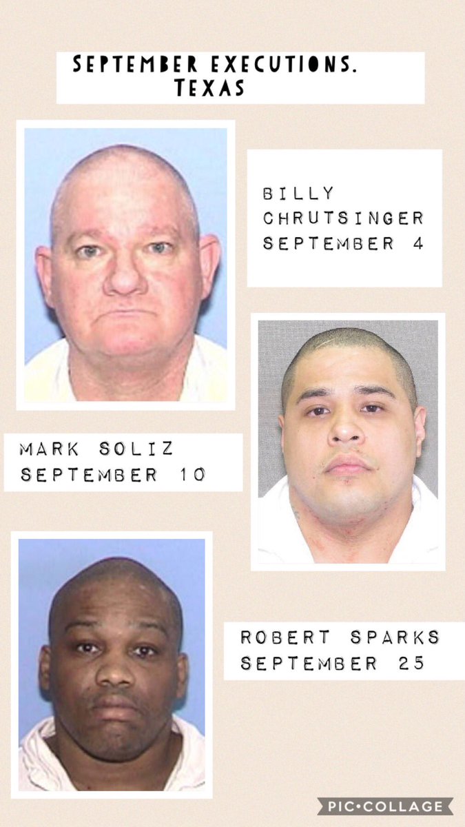 LibraLoveChild's tweet photo. Execution alert in #Texas two
EXECUTED ππππΌ
#BillyCrutsinger #MarkSoliz
Sep
#RobertSparks 25
Oct
#StephenBarbee 2
#RandyHalprin 10
#RandallMays 16
#RubenGutierrez 30
Nov
#JustenHall 6
#PatrickMurphy 13
#RodneyReed 20
Dec
#TravisRunnels 11 https://t.co/PP35rPvlkB