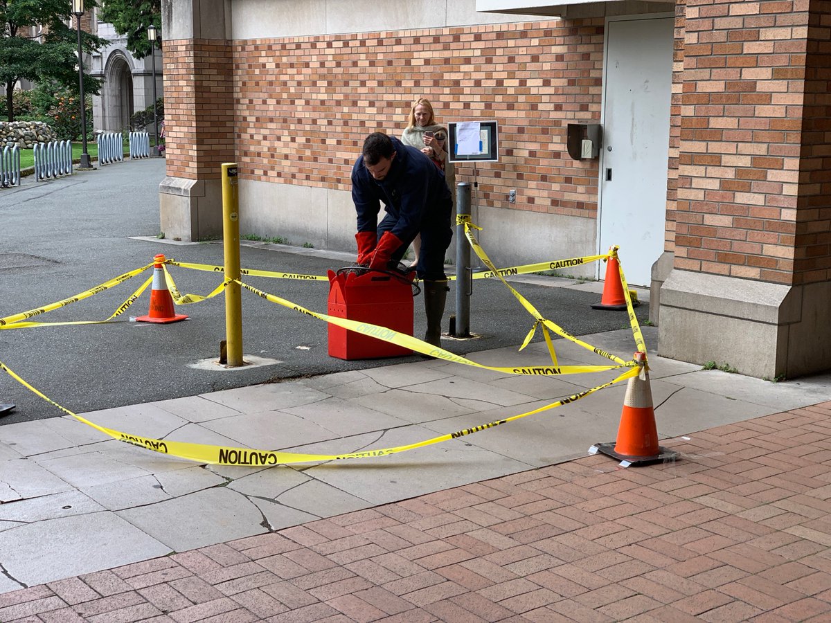 man puts owl in net in an orange carrier