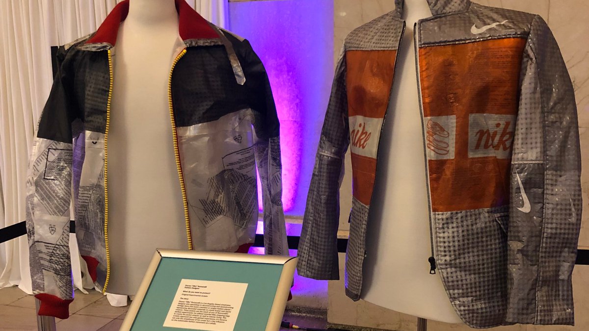 ADT's tweet image. Back when #DarrenRomanelli was first starting to experiment with recycled materials, he made these two jackets. You can see them in person at our Gallery of Valuables, or right here: adt.com/resources/digi… #RealProtection