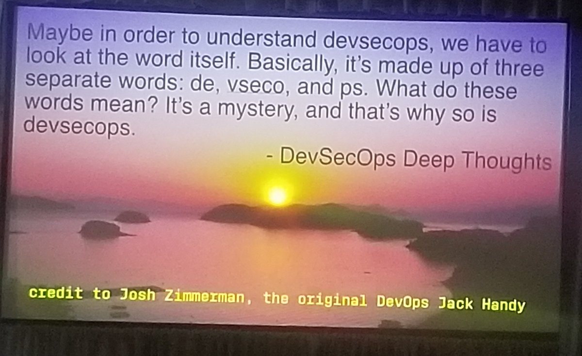 armillz's tweet photo. Keynote by @wickett  has some deep thoughts about the root words in devsecops: De, Vseco, and Ps. @GlobalAppSecDC https://t.co/6TWsFNkPlw