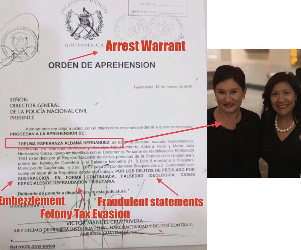 .<a href="/NormaJTorres/">Rep. Norma Torres</a> ,

Thelma Aldana (in the picture) is a wanted fugitive with an international warrant for her arrest.

You knew this, &amp; according to US laws, you are committing the crime/felony of AIDING AND ABETTING. 

.<a href="/FBI/">FBI</a> .<a href="/TheJusticeDept/">U.S. Department of Justice</a> should look into it.

Ate: #LaCanciller