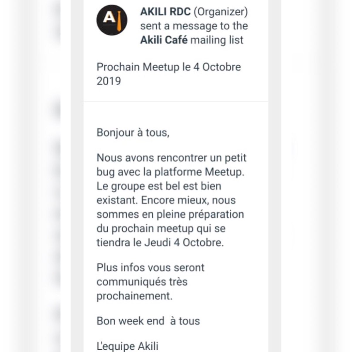 Nous tenons à vous informez que le bug 🐜 qu'a subi notre mailings liste s'est rétabli. Nous continuons à organiser nos Meetups et le prochain prévu c'est pour ce 4 Octobre! 👊🏽Veuillez nous excusez pour ce désagrément ! 
#Akilicafe #Akilicommunity #meetup #comingsoon