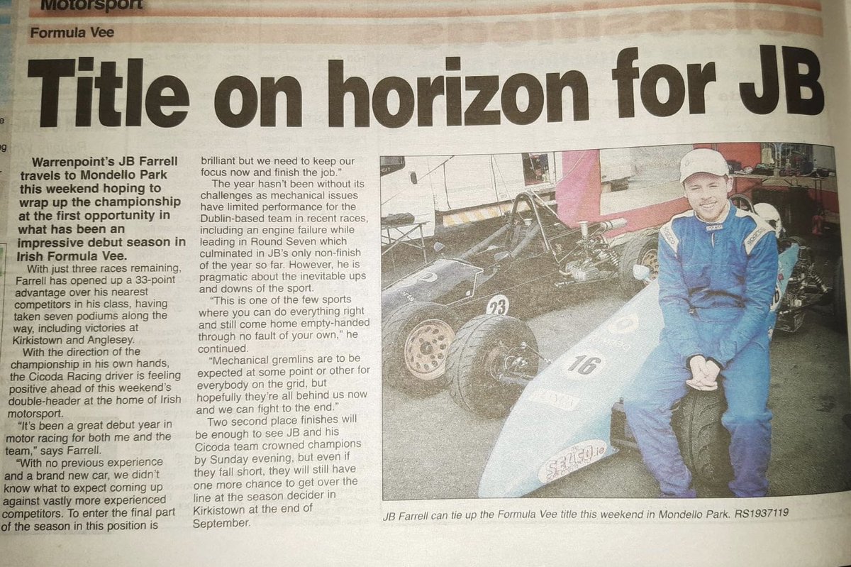 CicodaRacing's tweet photo. #JB_Farrell set to win the #FormulaVeeIRL Class Championship at #MondelloPark this weekend ... it’s all over the Papers... (well, Paper!) https://t.co/CMVHPBKks1